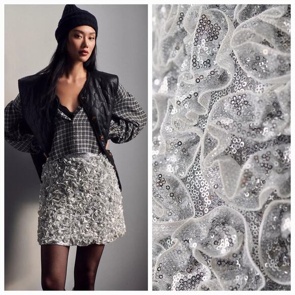 New Anthropologie Mare Mare 3-D Sequin Mini Skirt$198 SMALL Silver